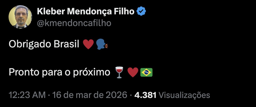 Kleber Mendonça Filho agradece apoio em campanha de 'O Agente Secreto' — Foto: Reprodução/X