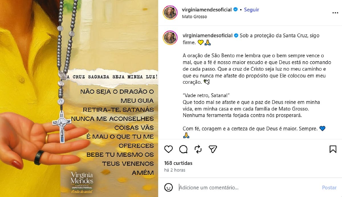 Após operação, Virginia Mendes posta oração de São Bento nas redes e fala em “combate ao mal”